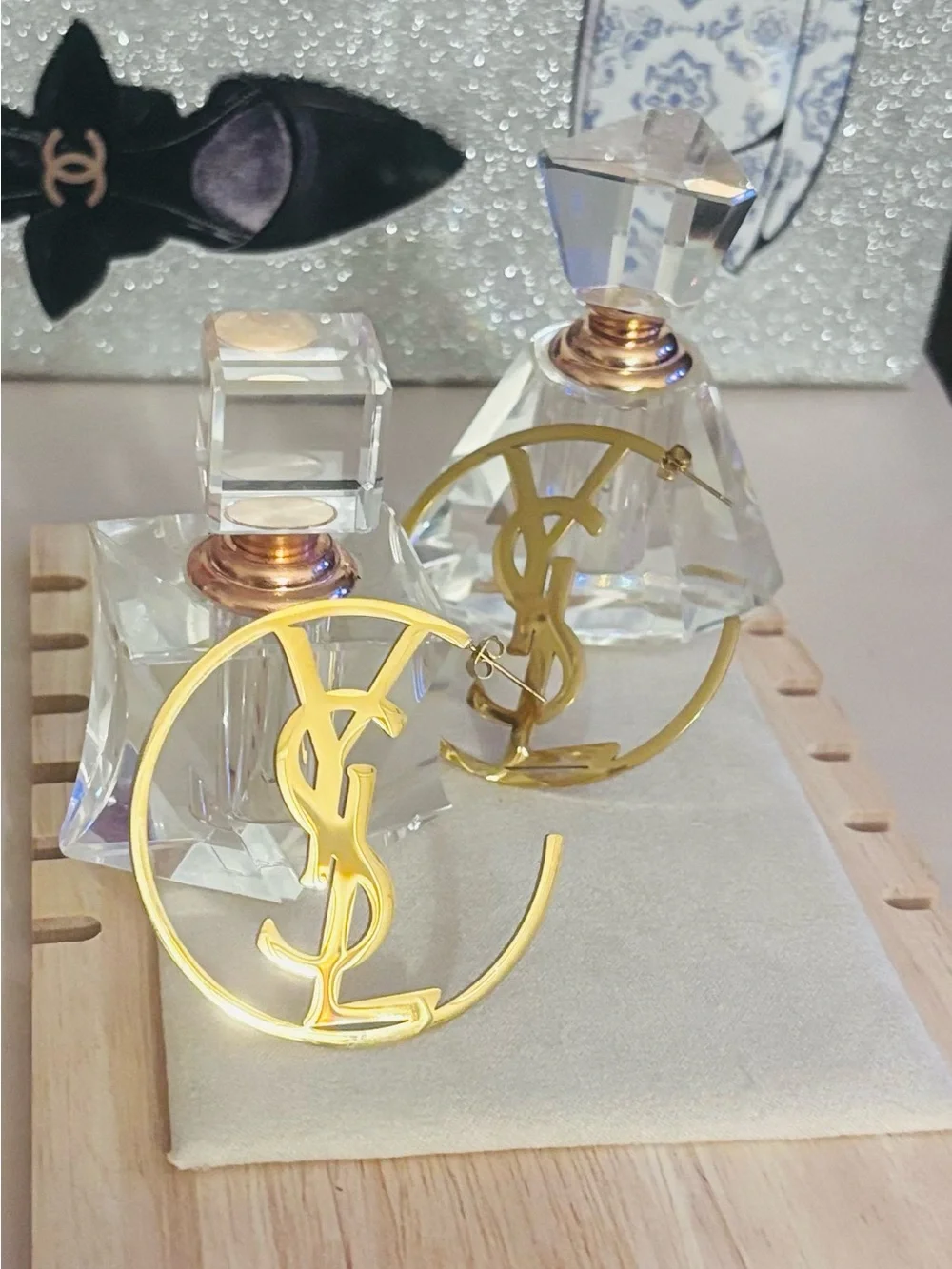 Gold filled Monogram Hoop Earrings - Designer-Inspired Home Accent Display